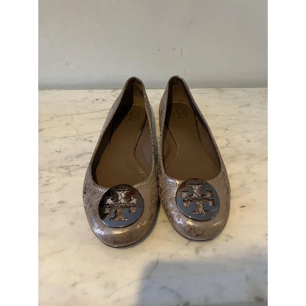 Tory Burch Shoes Womens Size 8 Silver Snake Leather Ballet Flats Logo Slip On